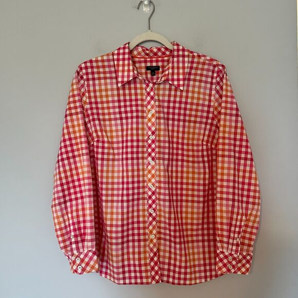 Talbots Tops - Talbots Button Down Shirt Womens Large Petite Pink Orange Plaid 100% Cotton Prep